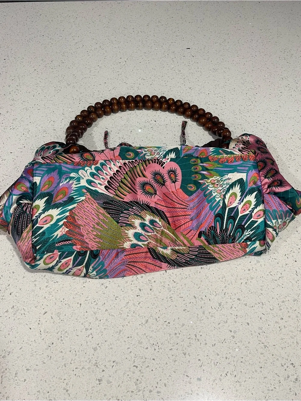 Bohemian Pink & Teal Peacock Print Beaded Handle slouch Handbag